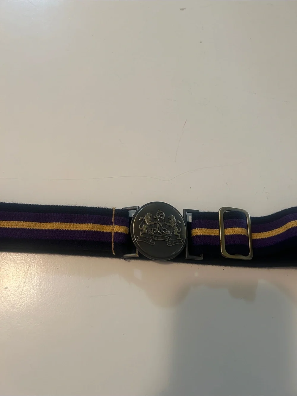 Ralph Lauren Purple and Yellow Striped Webbing Belt with Crest Buckle